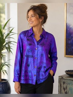 Bleu Bayou Silk Art Blouse Purple Beaded Palm Tree Large